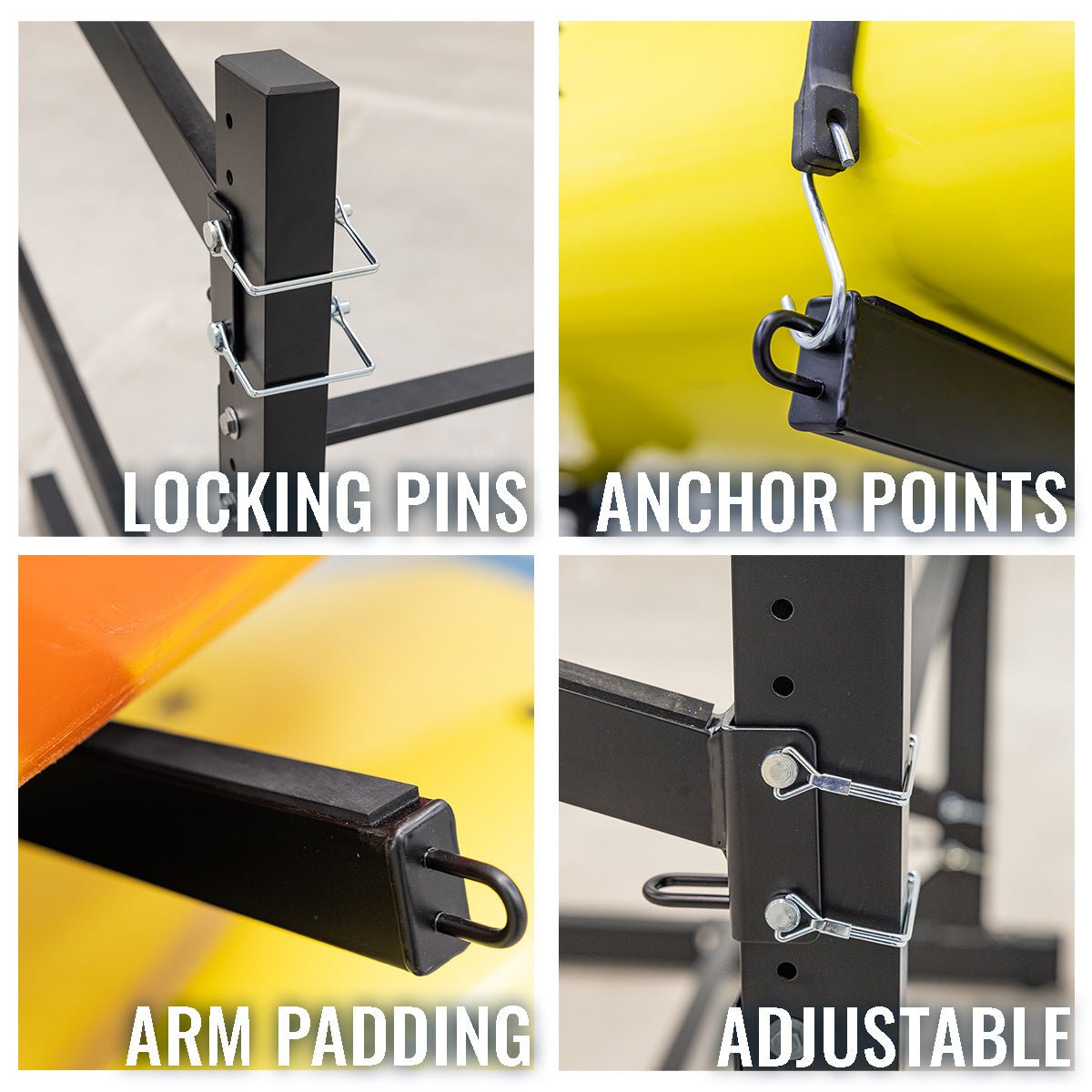 indoor kayak storage with locking pins, anchor points, arm padding, and adjustable arms